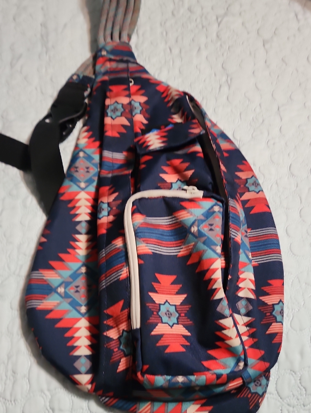 Kavu Navy Aztec Print Crossbody Sling Bag with Coral and Teal Accents